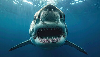Fototapeta premium A close-up view of a shark with its mouth wide open. This image captures the fierce