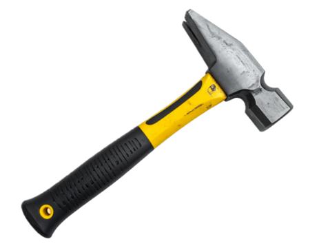 Isolated sledgehammer with yellow handle, heavy manual industrial tool for striking objects