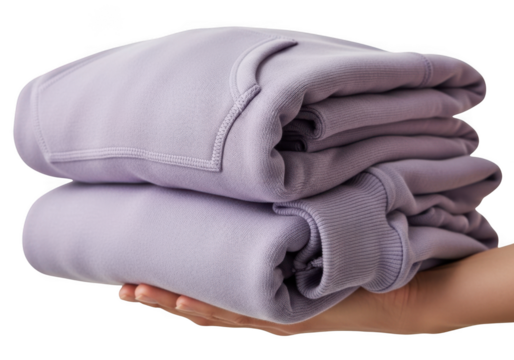 Hand holding a stack of two neatly folded, soft, light purple or lavender fleece blankets or sweaters isolated on transparent background