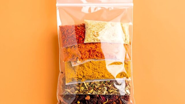A clear plastic bag filled with individual packets of colorful spices on an orange background