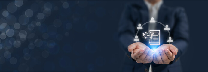 Cohort Based Learning and Digital Education Ecosystem. Holding icons of graduation, documents and connected users, symbolizing cohort based learning, micro credentials, and modern e learning networks.