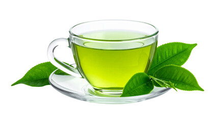 Hot green tea with mint leaves in a white glass. Healthy herbal drink on a white background