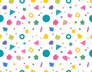 Colorful shapes scatter randomly across a white background in a playful pattern