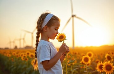 Girl smelling sunflower in field with wind turbines at sunset. Child with braid hair enjoys nature in countryside with yellow flowers. Eco farming concept.