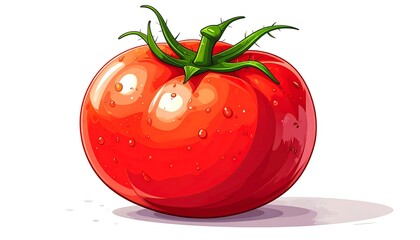 Digitally created illustration of a ripe, red tomato with green stem and water droplets, with a subtle drop shadow
