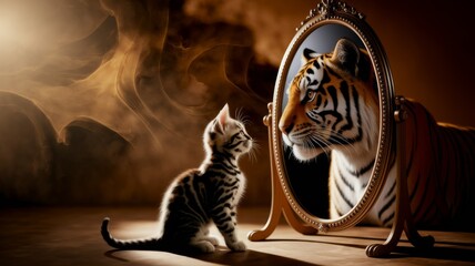 Kitten Looking in Mirror and Seeing a Tiger Reflection