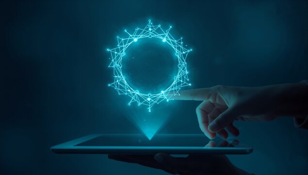 Futuristic digital transformation visualized with glowing interface on tablet, showcasing innovation and technology in action for business solutions