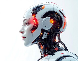 Futuristic profile of a white robotic head, blending human features with intricate mechanical details and vibrant orange lights