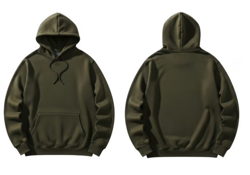 Front and back view of a plain, solid dark olive green or army green pullover hoodie sweatshirt with a front pocket and adjustable drawstring hood isolated on transparent background