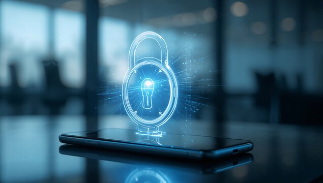 Protect your data now with modern mobile security! Secure phone showing glowing lock for digital safety, privacy, and reliable protection from cyber threats