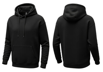 Front and back view of a plain black pullover hoodie sweatshirt with drawstring and kangaroo pocket, isolated on transparent background