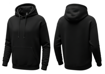 Front and back view of a plain black pullover hoodie sweatshirt with drawstring and kangaroo pocket, isolated on transparent background