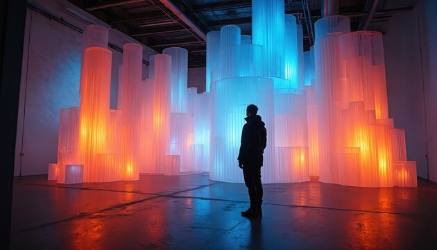 Man looks at light art installation at gallery. Cylindrical construction glows in red and blue. Visitor observes modern Art event, show, lights decoration and design. Creative installation space.