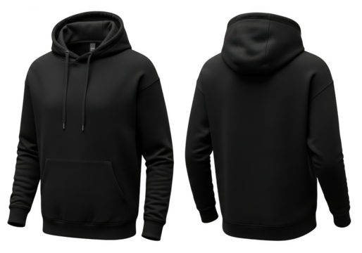 Front and back view of a plain black pullover hoodie sweatshirt with drawstring and kangaroo pocket, isolated on transparent background