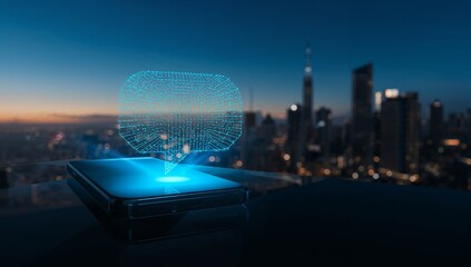 Futuristic smartphone projecting a luminous digital message over a vibrant cityscape, symbolizing innovation and seamless connectivity for the modern world