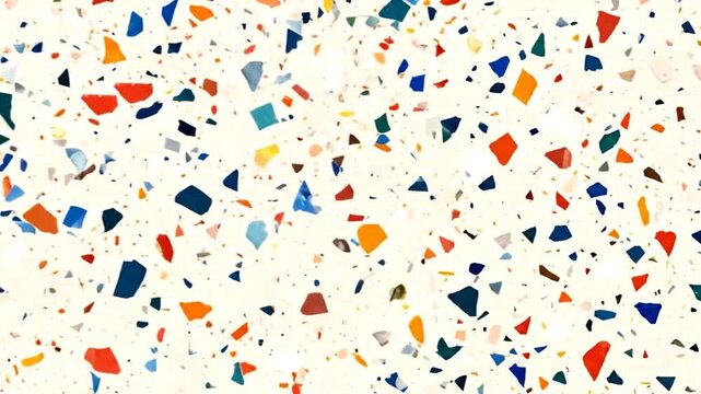 Colorful, abstract terrazzo pattern with irregular shapes in various colors