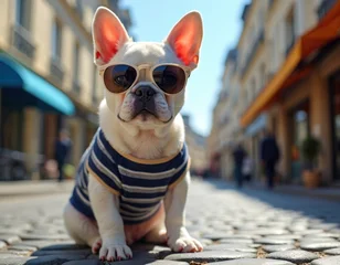 Fototapete Französische Bulldogge French bulldog puppy strolls Parisian street wearing sunglasses and striped shirt. Adorable pet enjoys sunny urban adventure exploring charming architecture. Its playful moment of leisure in city.  © Vadym