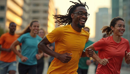 Diverse group of people sprint race in city street during daytime. Friends run together with smiles joy, enjoying outdoor fitness activity, showing speed determination.