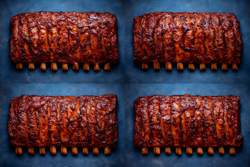 four Barbecue ribs on Blue Background - Feels like an image inserted in a magazine