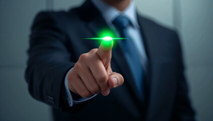 Elegant businessman touching virtual screen with glowing green light for innovative technology concept in future forward business setting