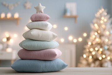 Obraz premium Stacked pastel pillows arranged in a Christmas tree shape.