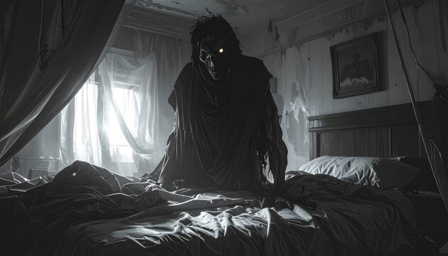 Demonic figure looms over bed in derelict room