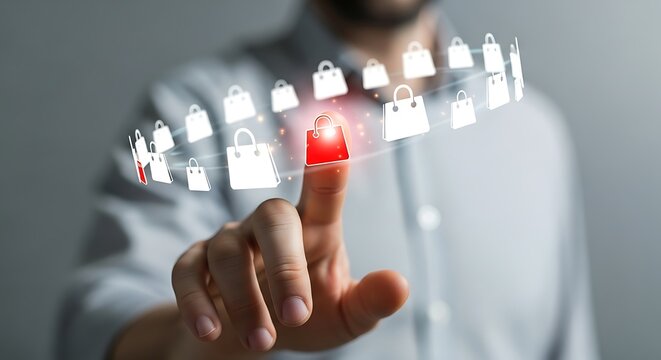 Online shopping concept with a man selecting a bag icon. - Powered by Adobe