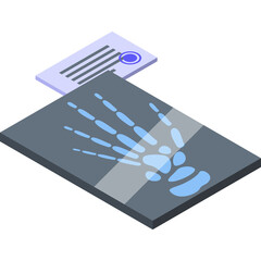 Medical X Ray Of A Human Hand With A Document And Seal Indicating A Diagnostic Examination Of Bones And Joints In Blue And Grey Tones On A White Background
