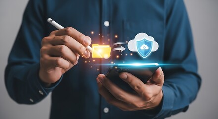 Cloud data security concept with man using smartphone.