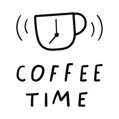 Fototapeta premium Coffee Alarm Mug. Minimal vector illustration of coffee cup with clock face and alarm waves. Simple morning wake-up concept.