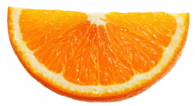 Fresh orange slice with juicy texture, isolated on transparent background, clean minimal composition, high detail