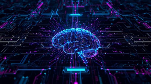 Abstract brain with glowing connections on a digital background