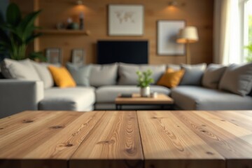 Clean wooden tabletop, out-of-focus living area setting, setting, background