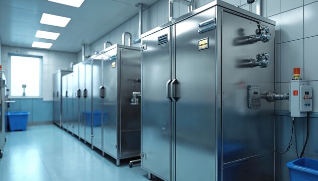 Sterilization machines used for medical or lab equipment. Metal chambers with pipes, control panels ensure safe sterile environments. High pressure steam sterilizes items for research or health care.