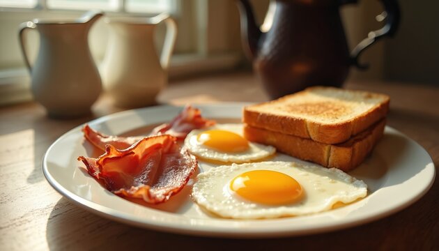 Crispy bacon, sunny side up eggs, and toasted bread stacked on a plate. Morning meal served in kitchen with natural light. Delicious, hearty food for breakfast or brunch. - Powered by Adobe