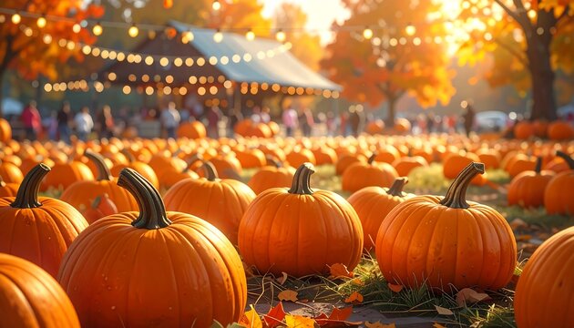 Abundant pumpkins fill a field during golden hour at an autumn event.