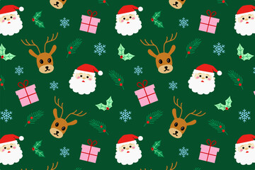 Festive seamless pattern featuring Santa Claus faces, reindeer heads, gift boxes, snowflakes, holly leaves, and spruce branches on a green background. Perfect for holiday wrapping paper, textiles.