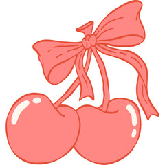 Coquette pink cherry with bow Hand drawn vintage illustration.
