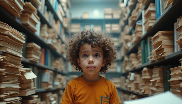 Young boy with curly hair looks lost among huge book stacks in library archive. Feels overwhelmed by vast amount of knowledge, information, showing signs of study stress, confusion. Child searches