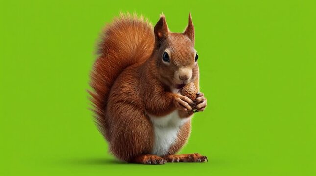 Red Squirrel 3D Animation, Cinematic Side View, Eating And Holding Nut, Seamless Loop Chroma Key Motion