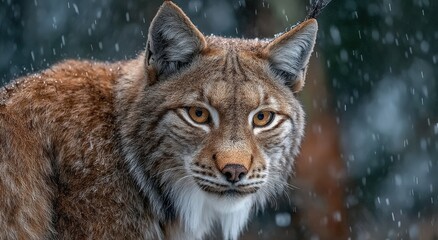 Obraz premium Lynx with striking fur and piercing eyes, surrounded by falling snowflakes, showcasing the beauty of wildlife in a serene winter environment with captivating details