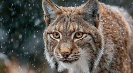 Obraz premium Lynx with striking fur and piercing eyes stands in a snowy landscape, surrounded by falling snowflakes, showcasing the beauty of wildlife in winter conditions