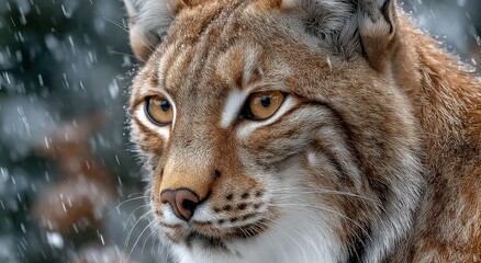 Obraz premium Lynx with striking amber eyes, fur covered in snowflakes, showcasing its majestic features in a wintery forest environment, embodying the essence of wild beauty and nature