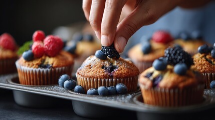 Commercial high-resolution photo of hand placing blackberry on top of a freshly baked blueberry muffin in tray.