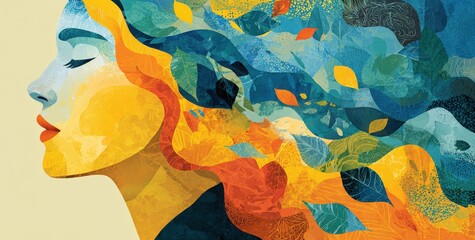 Vibrant illustration of a womans profile with flowing hair made of colorful leaves, symbolizing nature and transformation, showcasing artistic expression and creativity