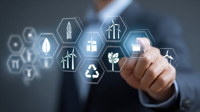 Businessperson Interacting with Digital Icons Representing Renewable Energy, Sustainability, and Environmental Technology Concept in Modern Office Setting
