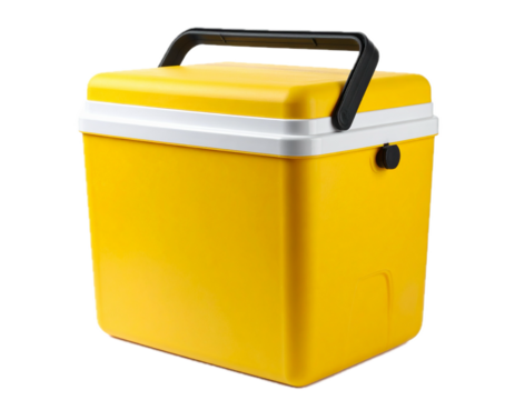 Isolated Yellow Ice Cooler with White Lid and Black Handle - Powered by Adobe