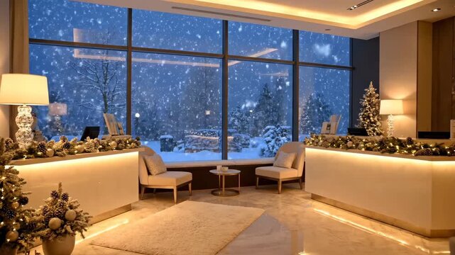 luxury hotel lobby with snow falling outside through floor-to-ceiling windows, warm amber lighting, christmas tree and garland decorations, plush sofas and modern seating, marble flooring and cozy.