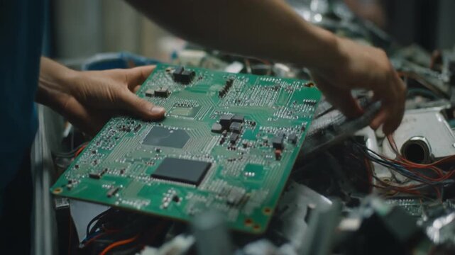 Worker's hands carefully examine a green printed circuit board from e-waste pile