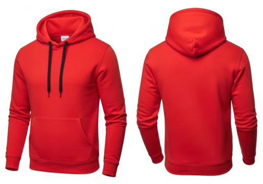 Front and back view of a plain red cotton hoodie sweatshirt with drawstring isolated on transparent background